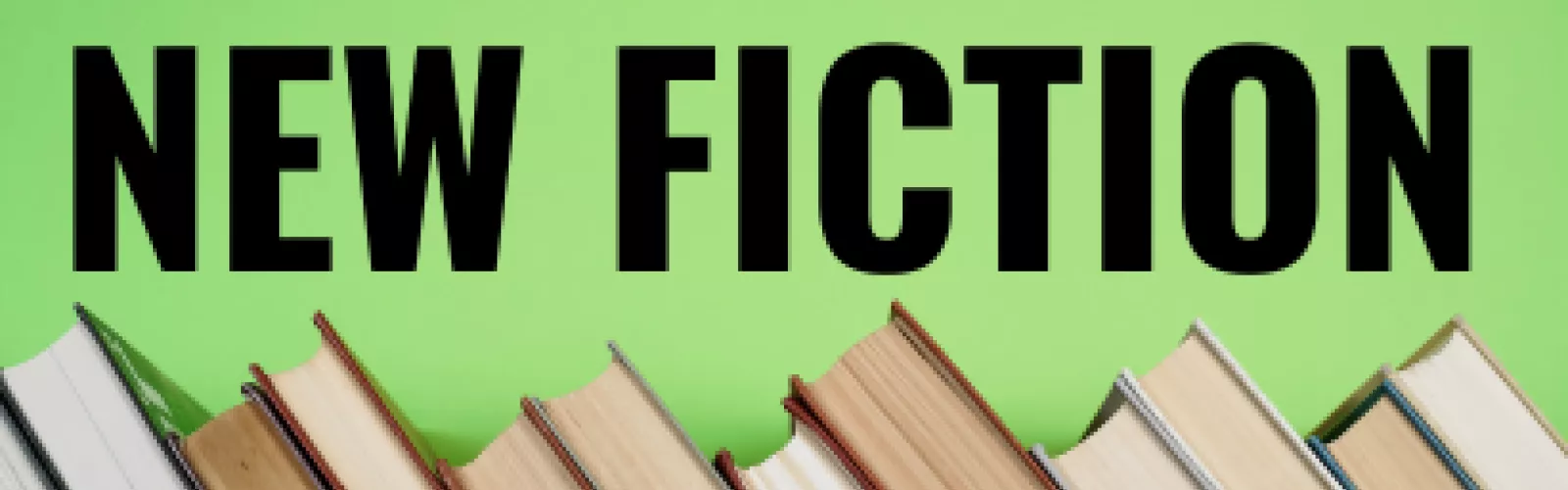New Fiction label on green background with a shelf of books 